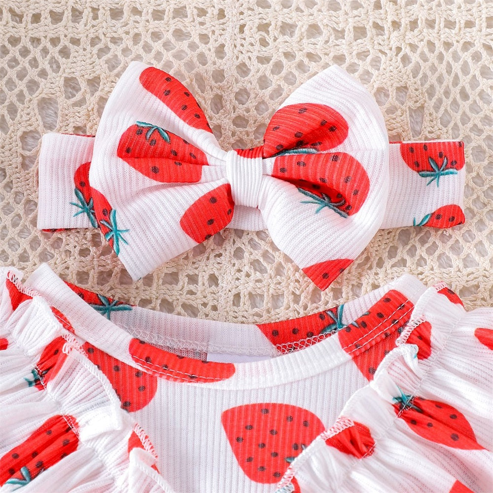 3PCS Strawberry Printed Ruffled Long Sleeve Baby Romper