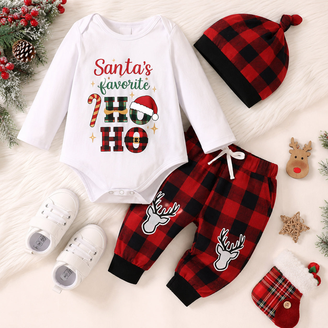 3PCS Santa's Favorite Letter Elk Plaid Print Baby Set