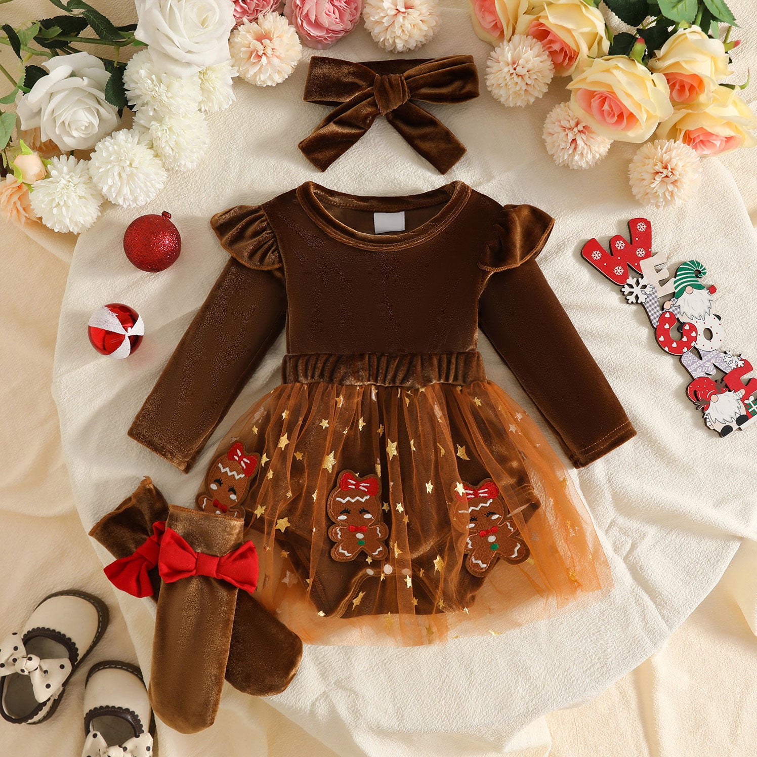 3PCS Lovely Christmas Elk Gingerbread Embroidery Velvet Baby Romper