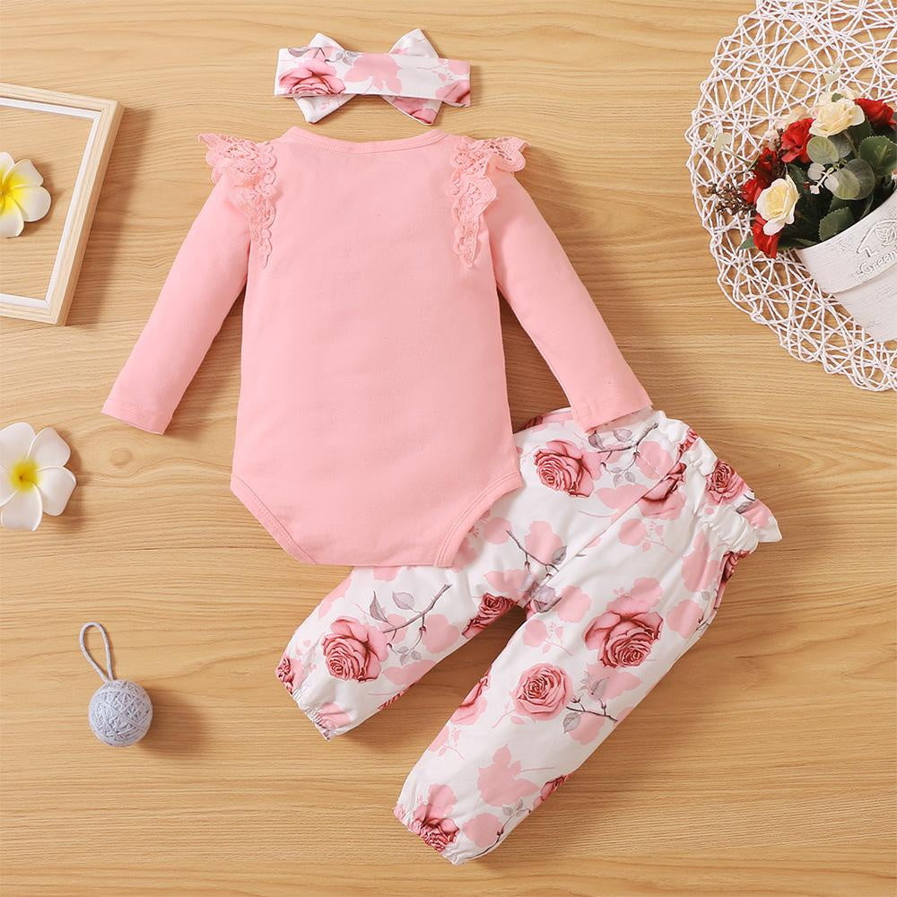 3PCS Daddy's Girl Mommy's World Letter Floral Print Long Sleeve Baby Set