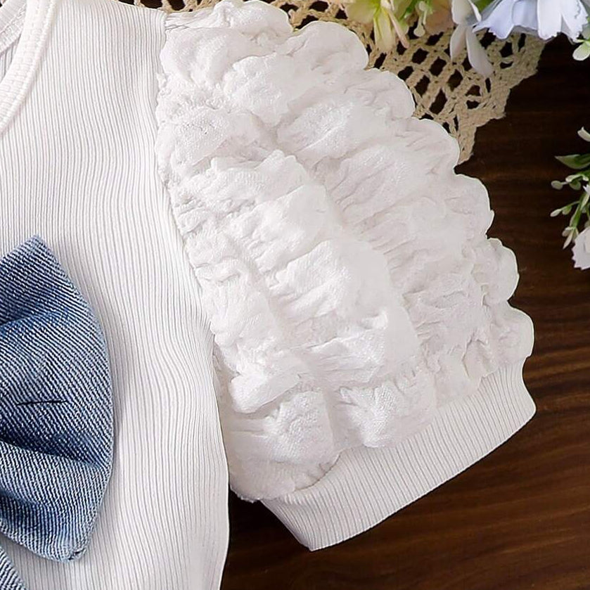 2PCS Pure Bowknot Decor Short Sleeve Denim Baby Set