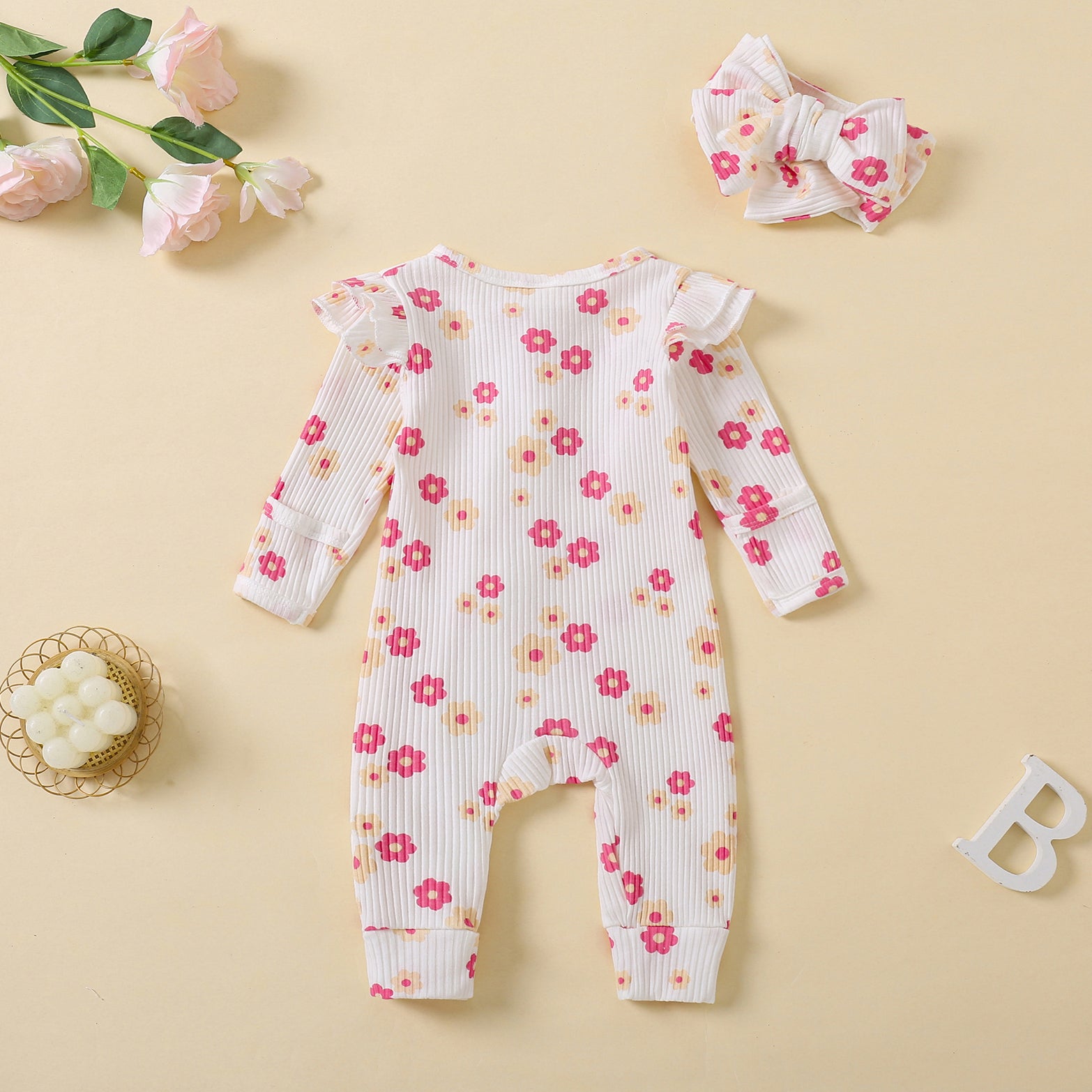 2PCS Sweet Floral Printed Ruffle Decor Long Sleeve Baby Jumpsuit