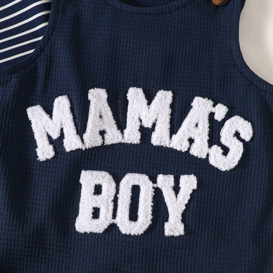 3PCS Mama's Boy Letter Applique Stripe Print Long Sleeve Baby Overalls Set