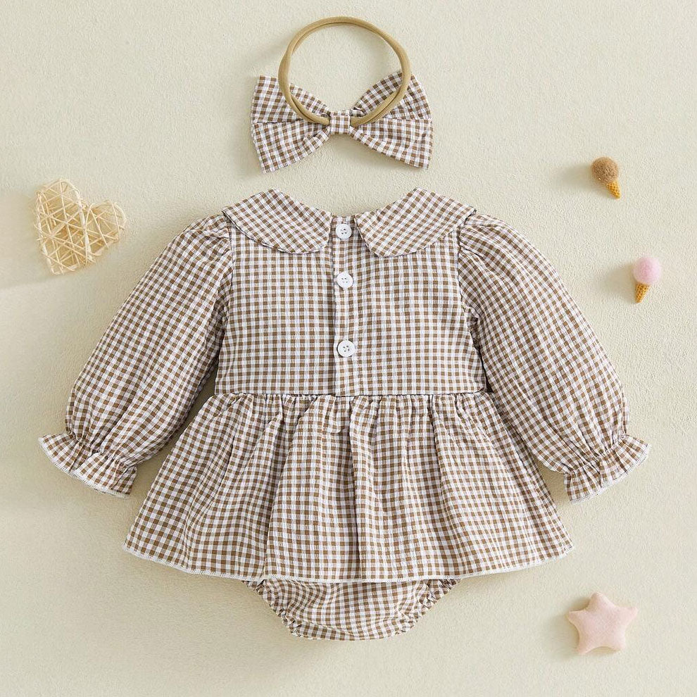 2PCS Lovely Plaid Printed Bow Embroidery Baby Romper