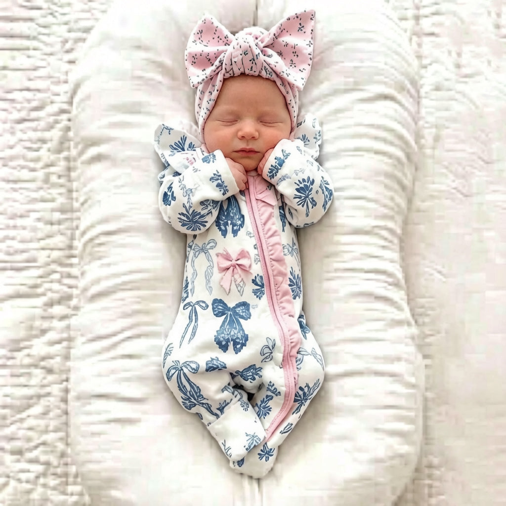 Adorable Bow Printed Ruffled Long Sleeve Zipper Baby Jumpsuit