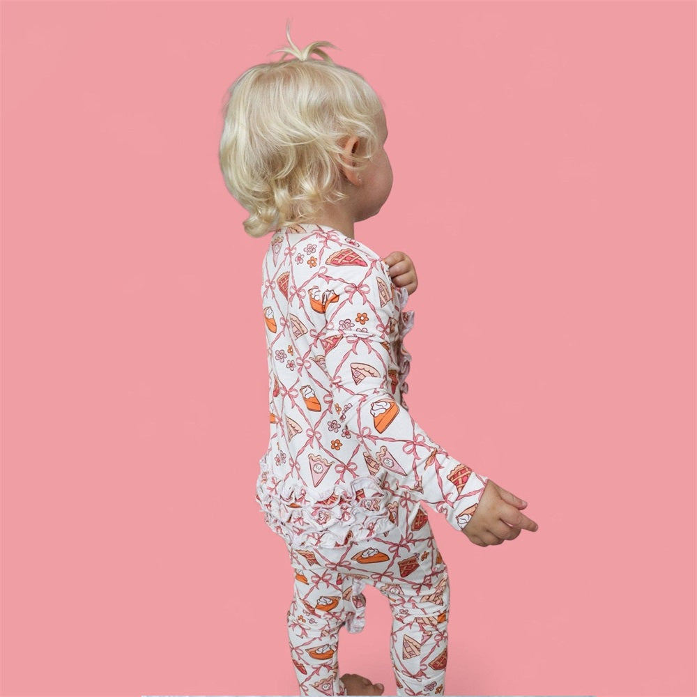 2PCS Cute Pie Slices Bow Print Long Sleeve Baby Jumpsuit