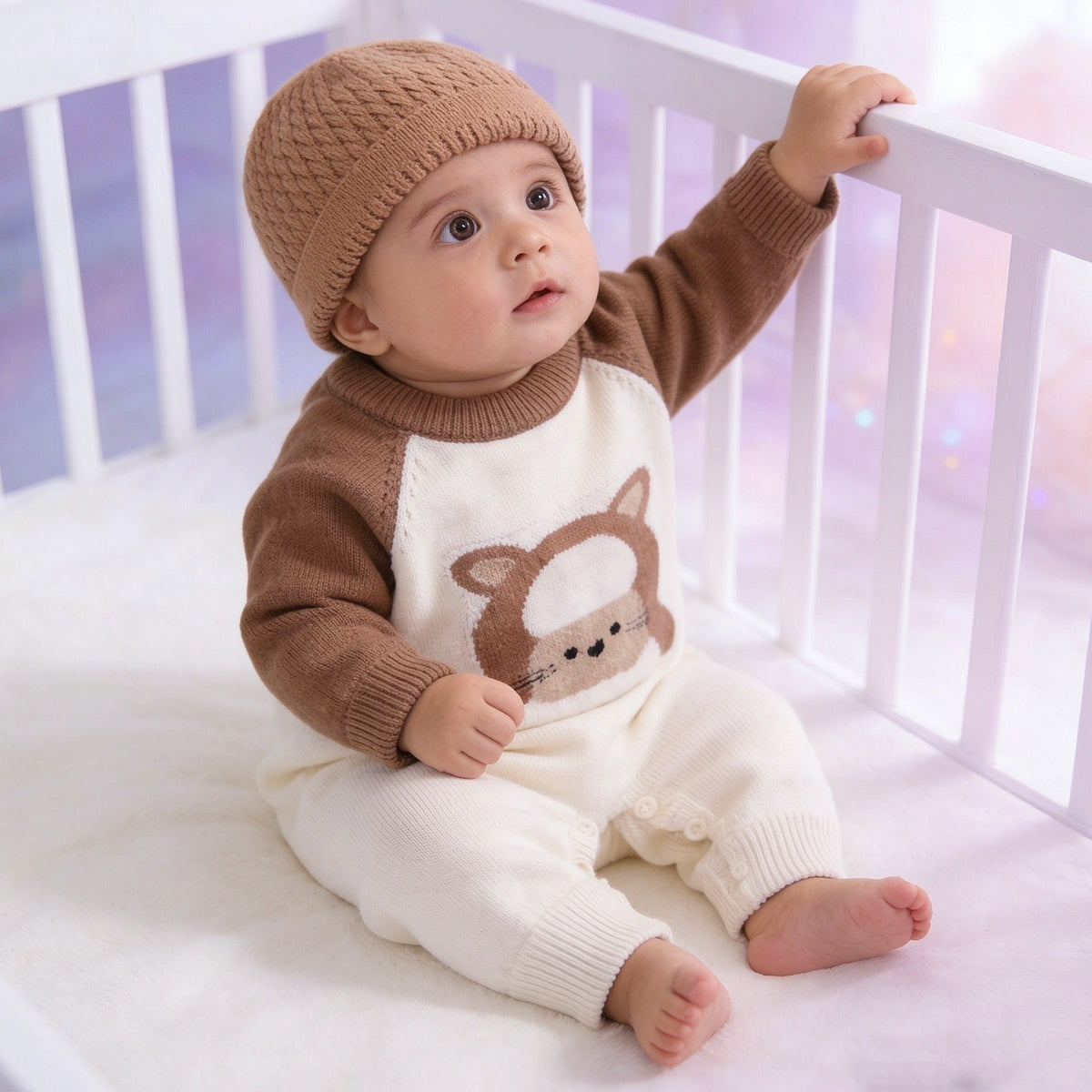 2PCS Cartoon Lamb Print Knit Long Sleeve Baby Jumpsuit