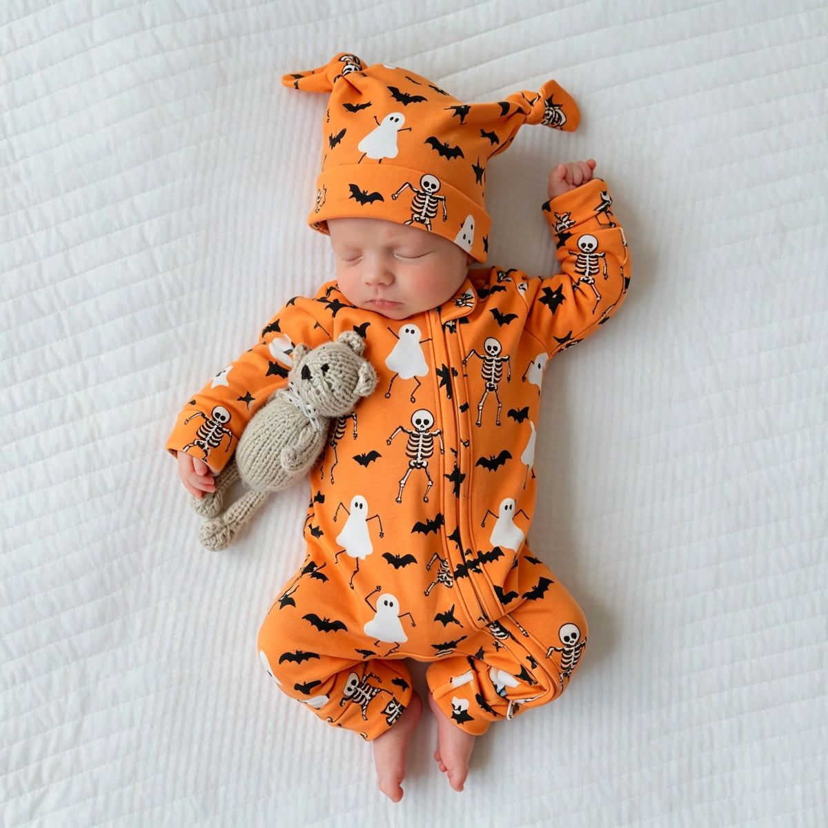 2PCS Cute Halloween Ghost Printed Zipper Long Sleeve Baby Jumpsuit