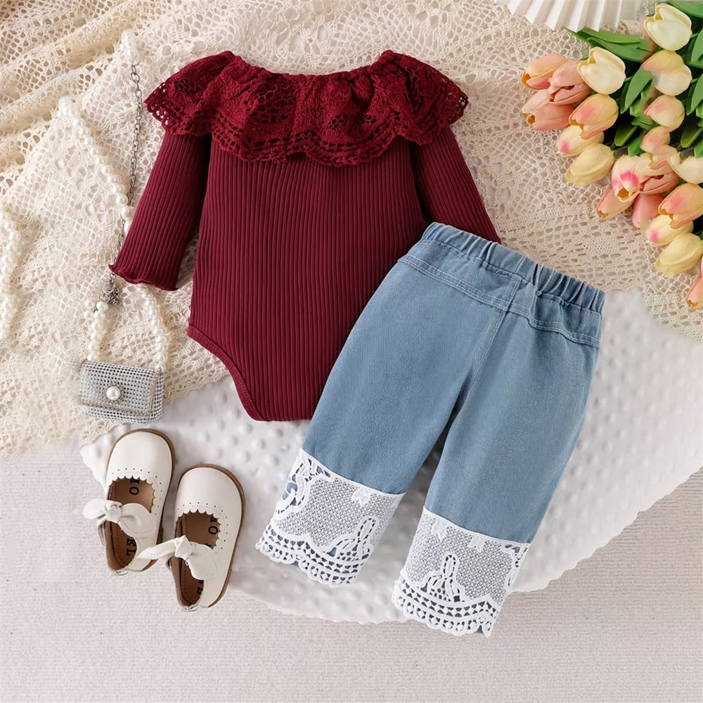 2PCS Solid Color Lace Trim Long Sleeve Baby Set