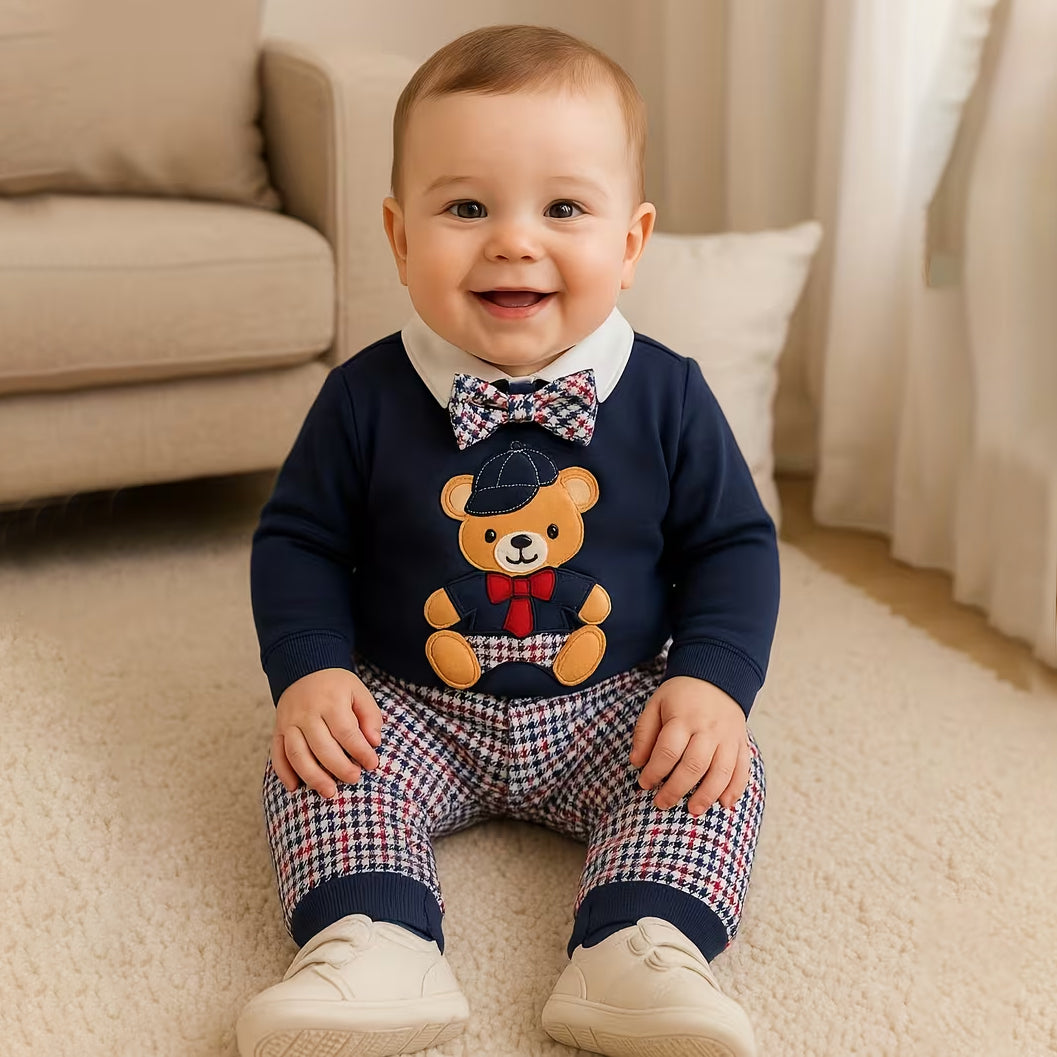 2PCS Bear Embroidery Houndstooth Printed Long Sleeve Baby Set