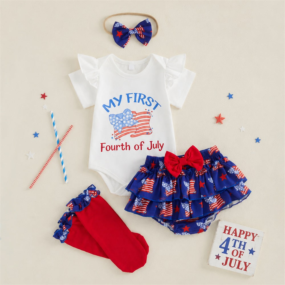 4PCS My First Fourth of July Letter Flag Printed Short Sleeve Baby Set