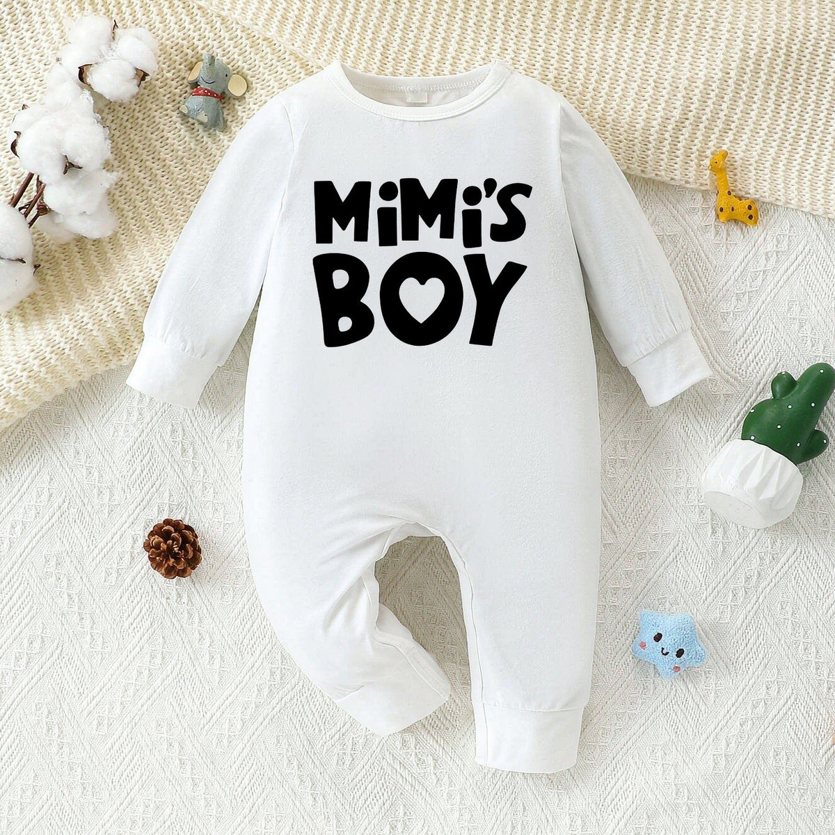 Casual Mimi's Boy Letter Heart Print Long Sleeve Baby Jumpsuit