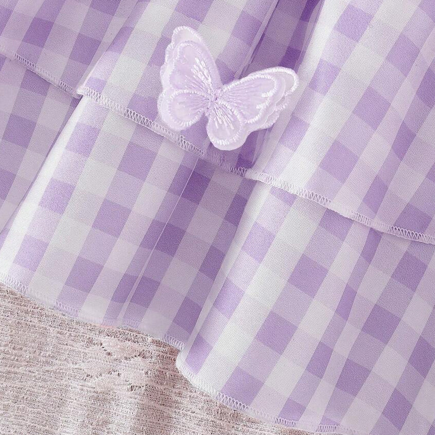 3PCS Chic Butterfly Appliqué Plaid Print Flutter Sleeve Baby Set