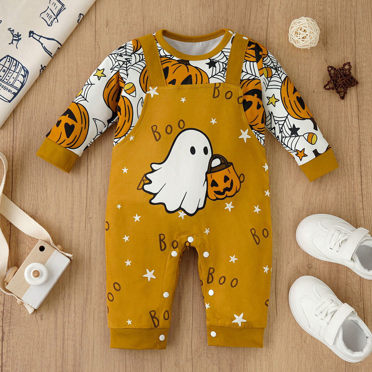 Faux Layer Pumpkin and Ghost Print Long Sleeve Baby Jumpsuit