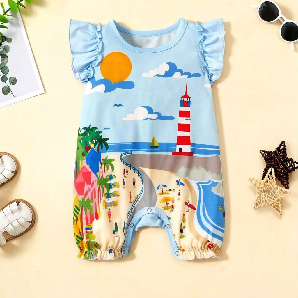 Lovely Beach Vacation Scene Print Flutter Sleeve Baby Jumpsuit