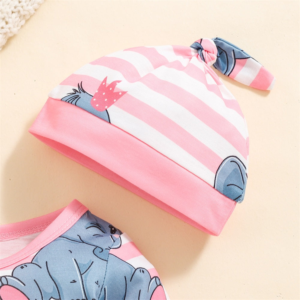 2PCS Lovely Elephant Print Striped Long Sleeve Baby Jumpsuit