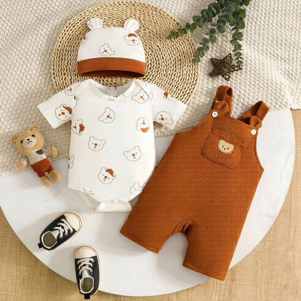 3PCS Cute Cartoon Bear Print Short Sleeve Baby Overalls Set