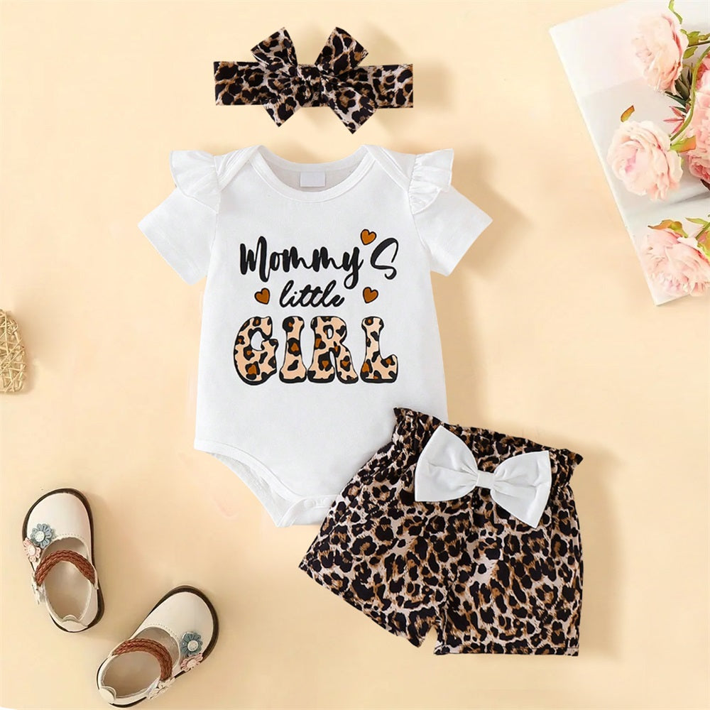 3PCS Mama's Little Girl Letter Printed Leopard Short Sleeve Baby Set