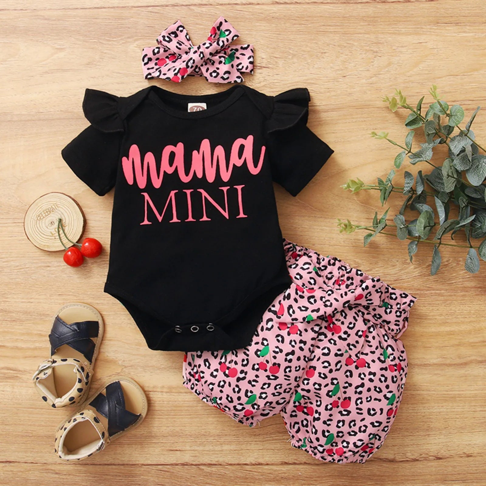 3PCS Mama Mini Letter Leopard Print Short sleeve Baby Set