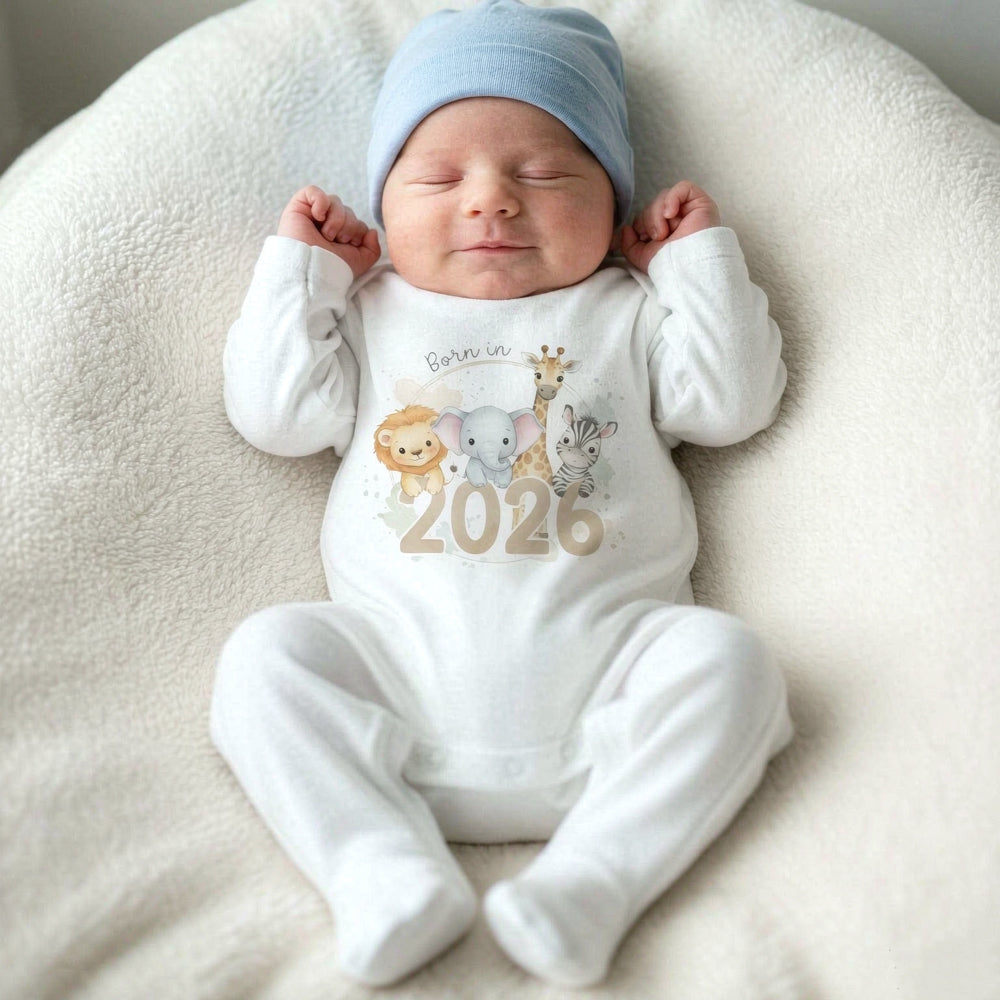 Comfy Born in 2026 Letter Animal Printed Long Sleeve Baby Jumpsuit