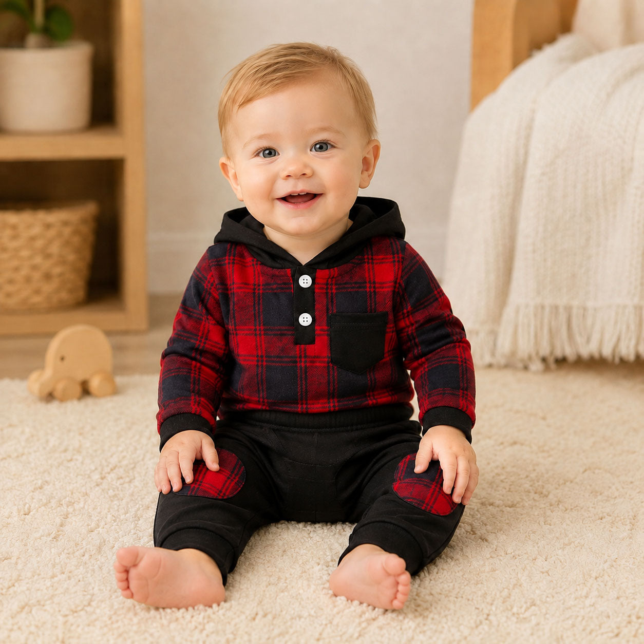 2PCS Dashing Plaid Printed Long Sleeve Baby Boy Hooded Set