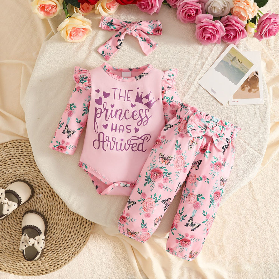 3PCS Charming The Princess Has Arrived Letter Floral Print Baby Set