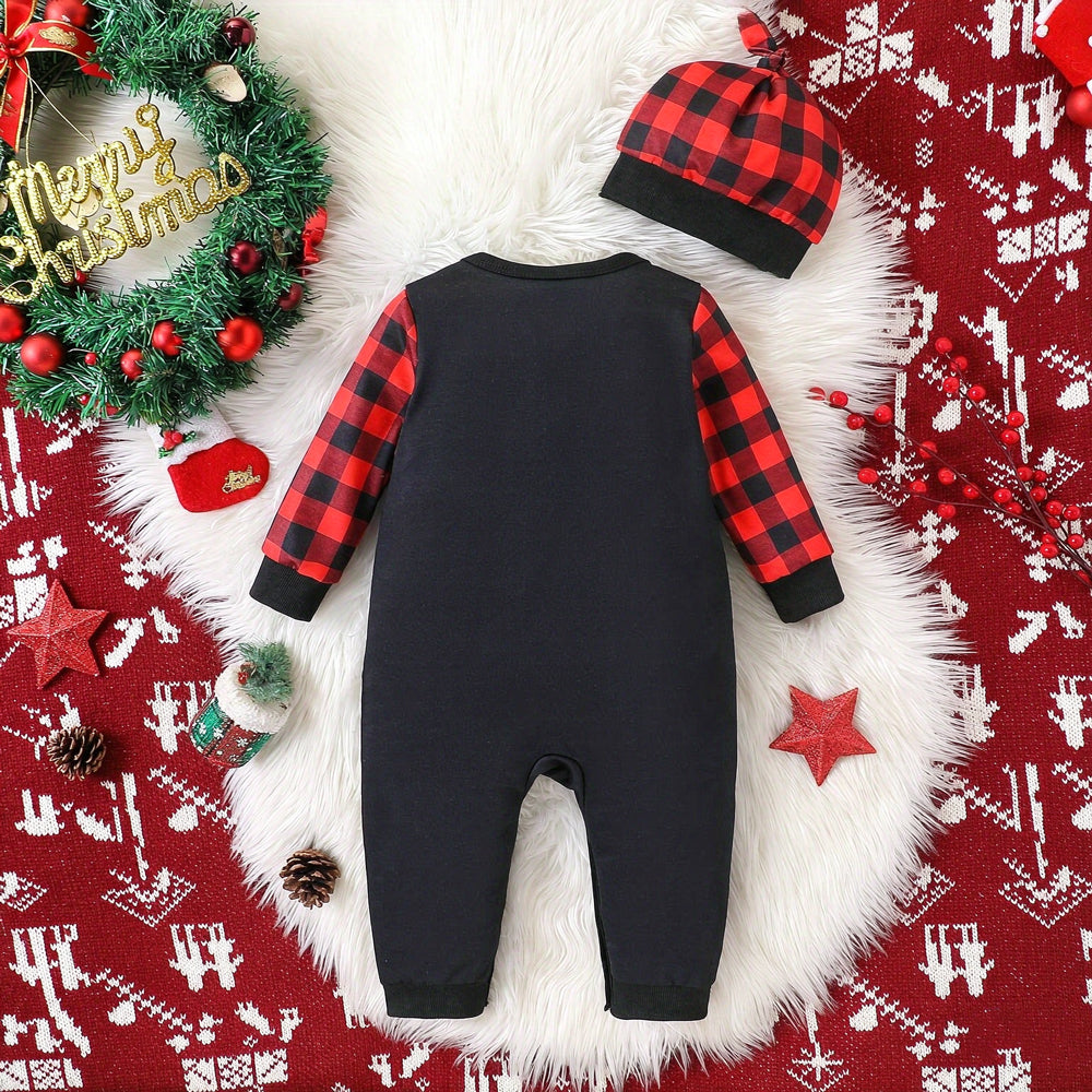 2PCS My 1st Christmas Letter Car Plaid Printed Baby Jumpsuit