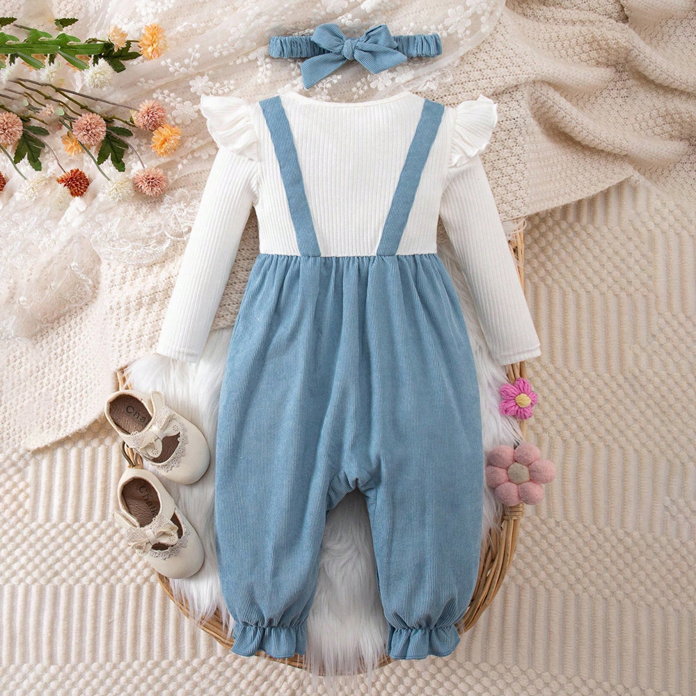 2PCS Cute Faux Two Piece Heart Embroidery Baby Girl Corduroy Jumpsuit