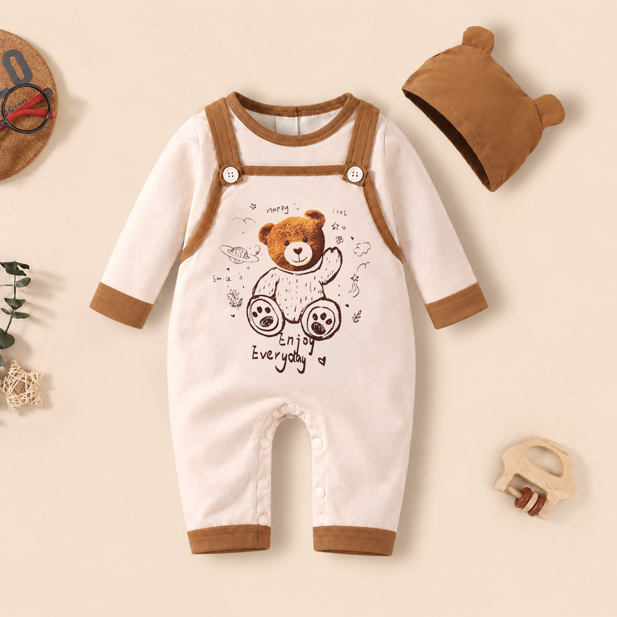 2PCS Cute Letter Teddy Bear Printed Faux Layer Baby Jumpsuit
