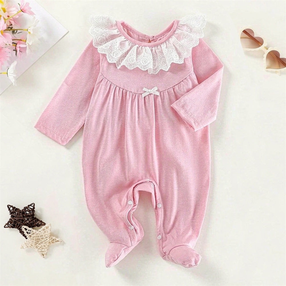 Winsome Solid Color Long Sleeve Lace Baby Girl Jumpsuit