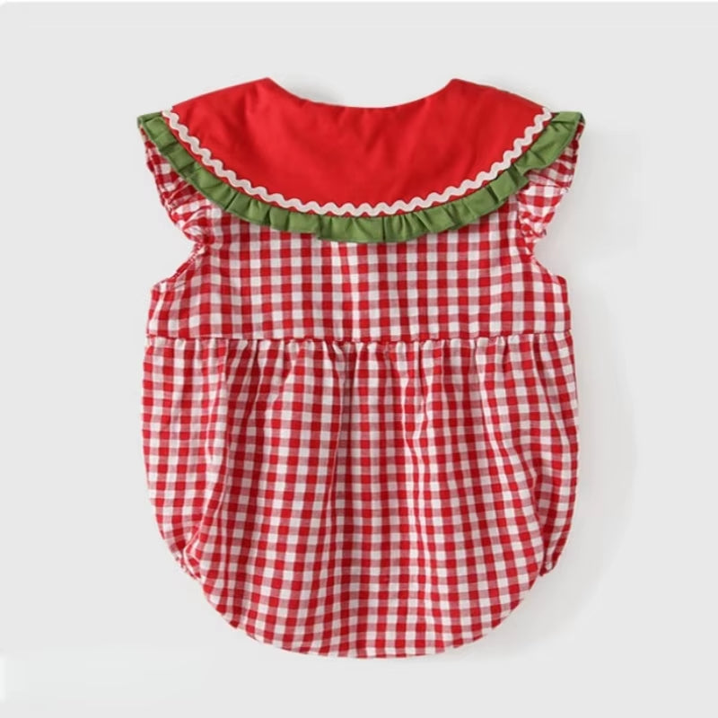 Cute 3D Watermelon Slice Collar Plaid Print Sleeveless Baby Romper