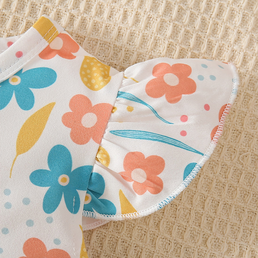 Graceful Allover Floral Print Flutter Sleeve Baby Jumpsuit