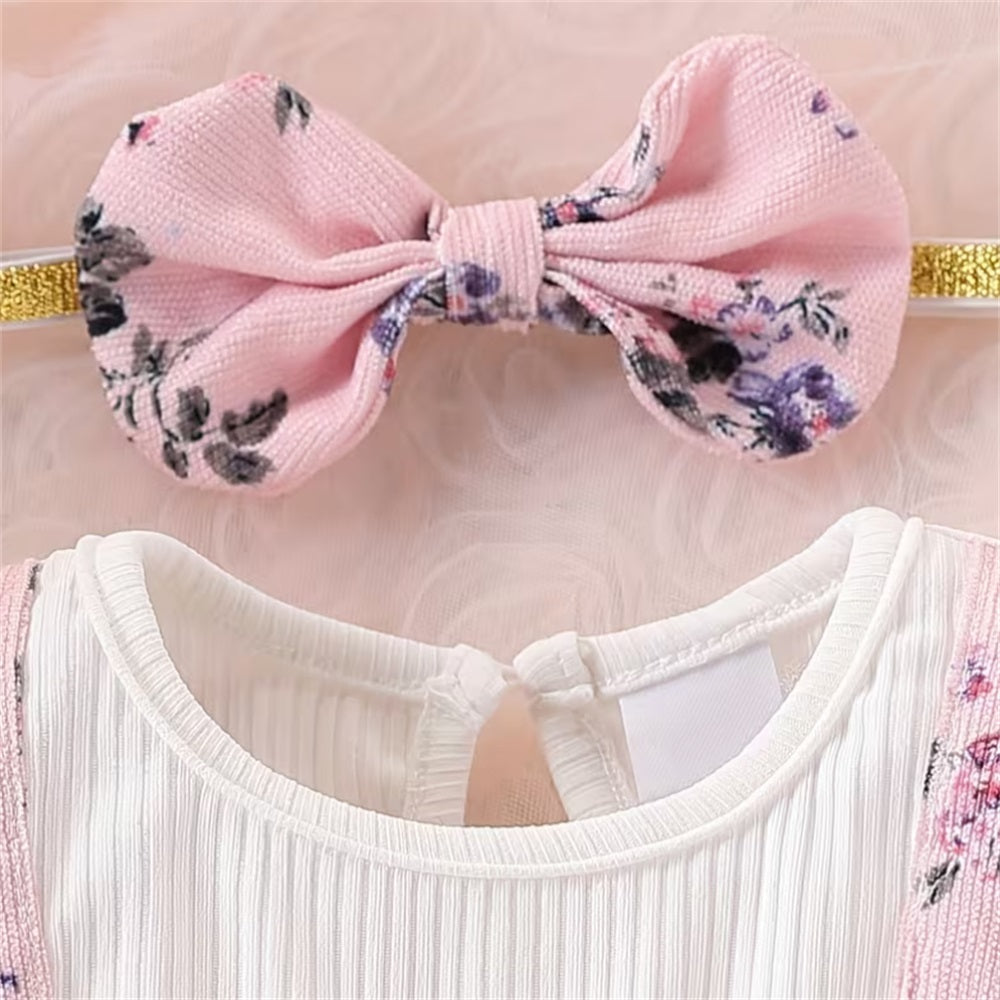 2PCS Sweet Floral Printed Bow Decoration Long Sleeve Baby Jumpsuit