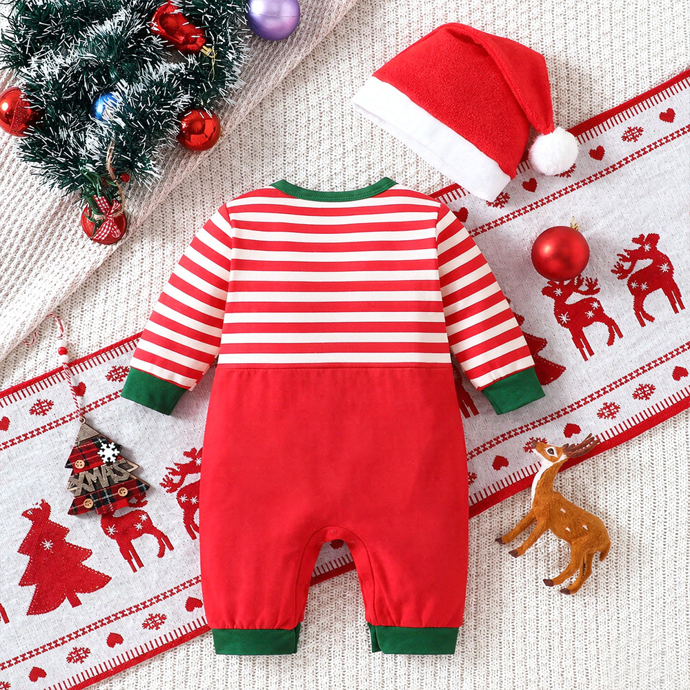 2PCS Cute Santa Applique Stripe Print Baby Christmas Jumpsuit