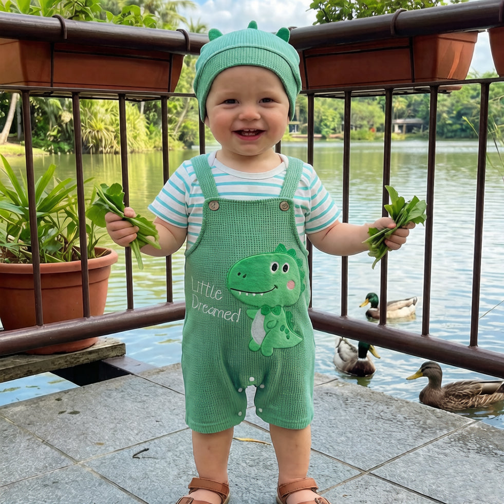 3PCS Dinosaur Stripe Printed Short Sleeve Baby Overalls Set