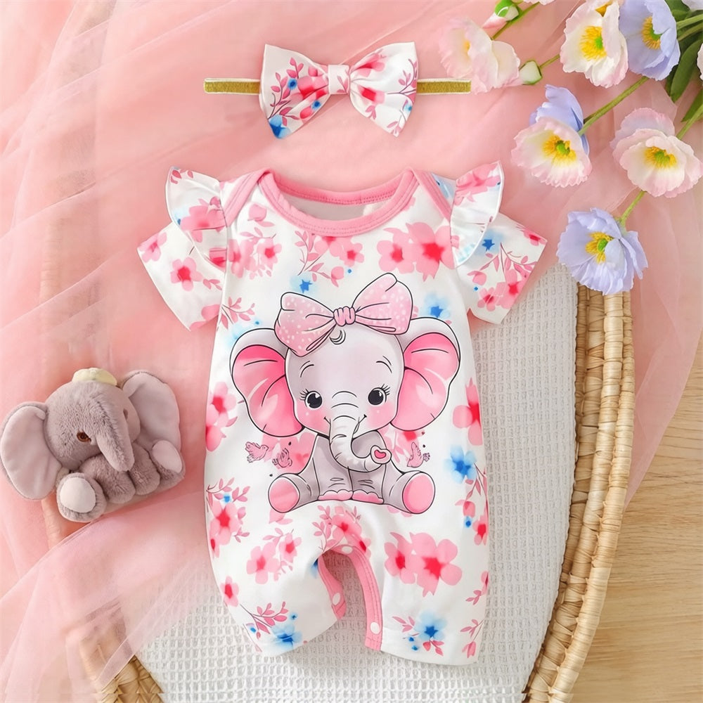 2PCS Lovely Floral Elephant Printed Short Sleeve Baby Jumpsuit