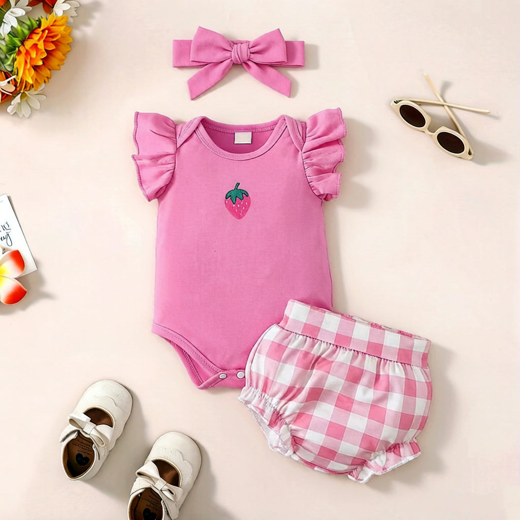 3PCS Cute Strawberry & Plaid Print Flutter Sleeve Baby Set
