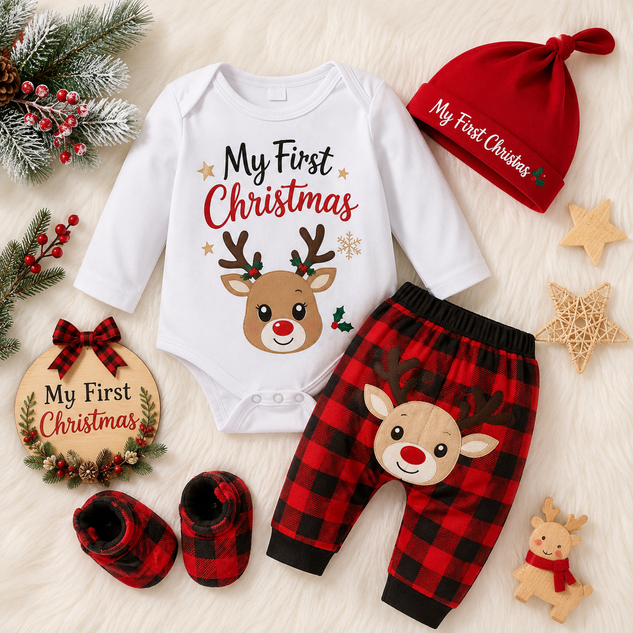 3PCS My First Christmas Letter Plaid Elk Print Baby Set