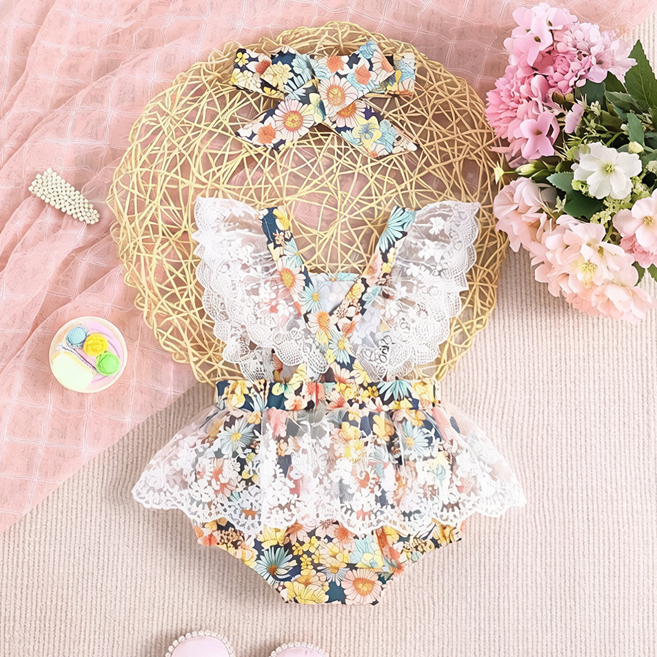 2PCS Romantic Floral Print Lace Flutter Sleeve Baby Romper