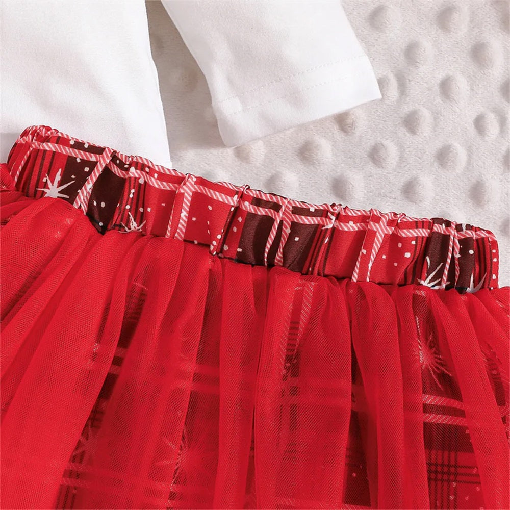 3PCS Bow Print Long Sleeve Plaid Tulle Skirt Baby Set