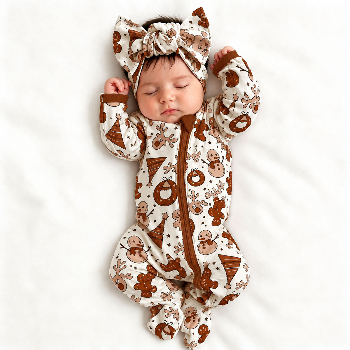 2PCS Cute Christmas Gingerbread Snowman Printed Long Sleeve Baby Jumpsuit