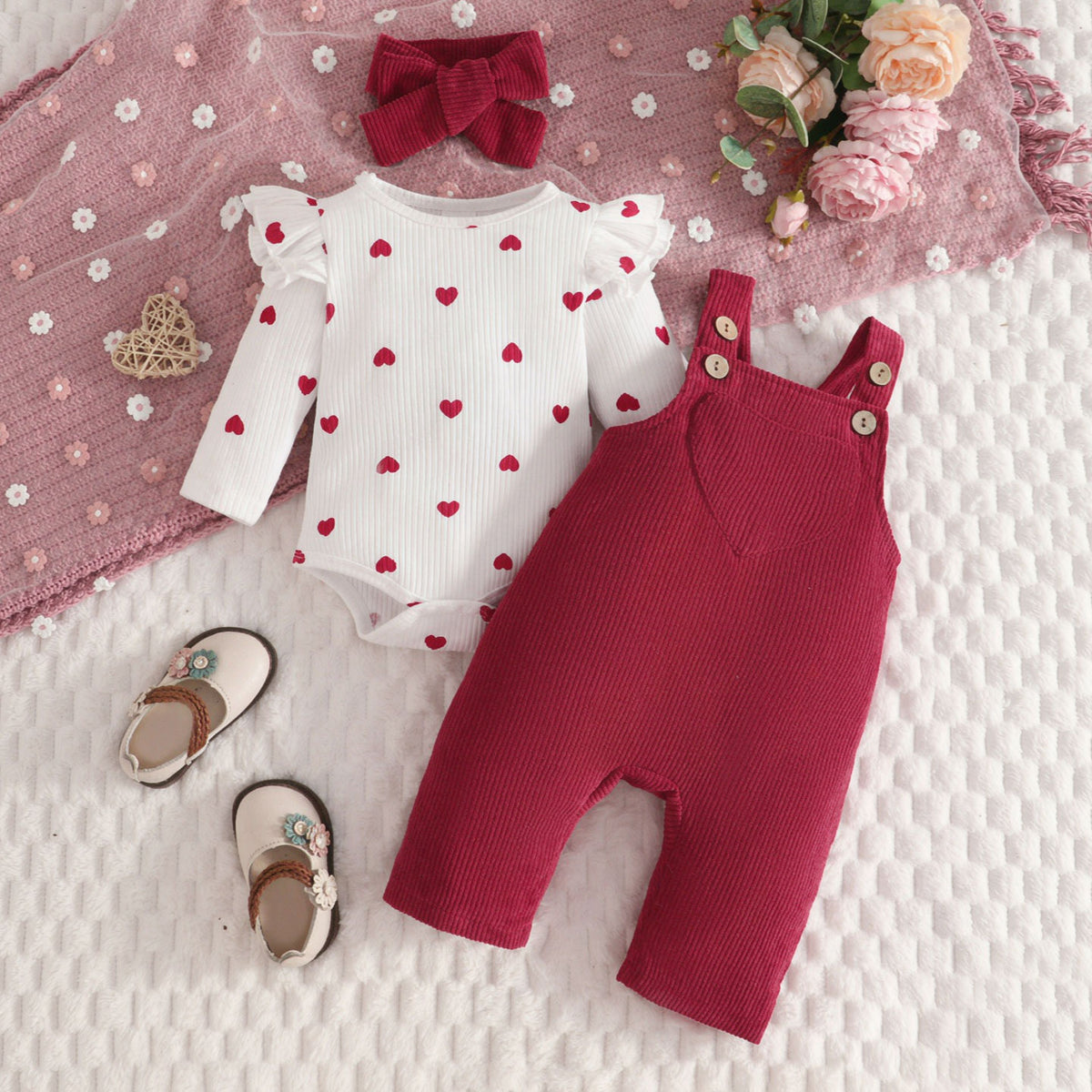 3PCS Grace Heart Printed Long Sleeve Baby Overalls Set