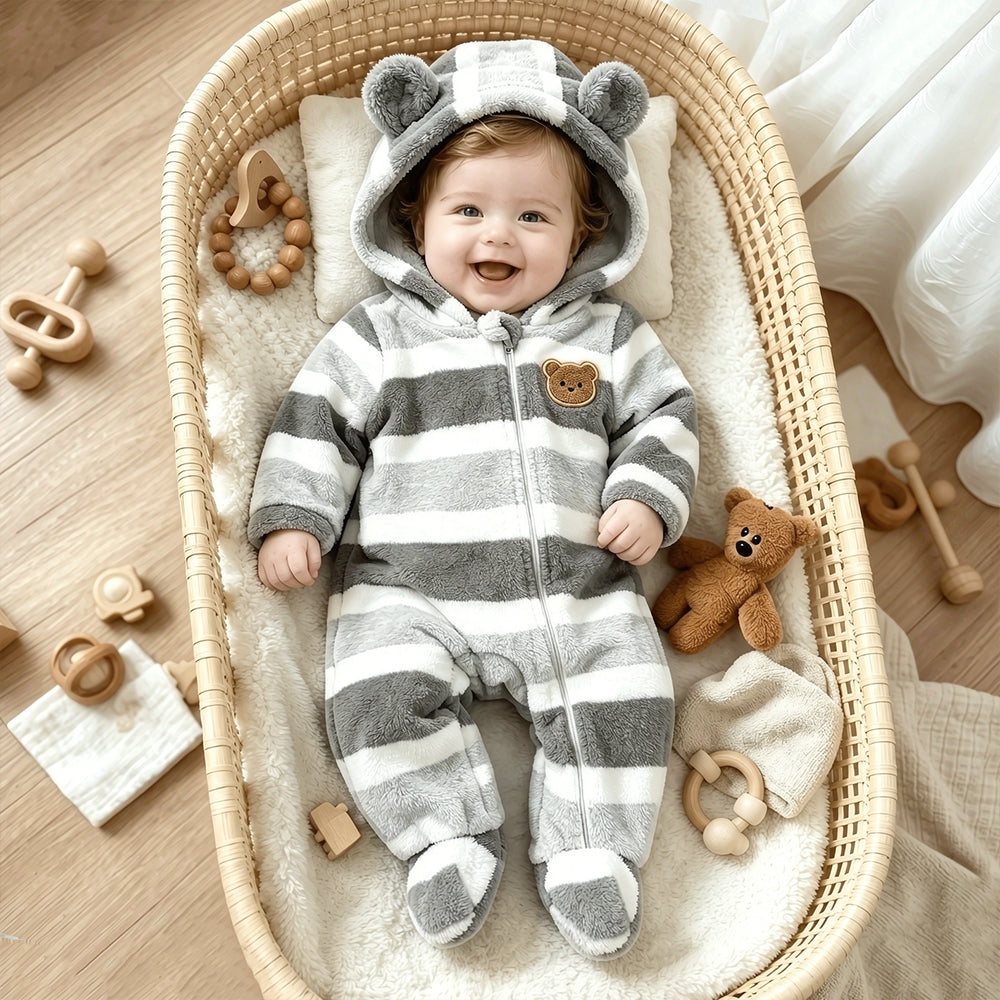Casual Bear Applique Striped Long Sleeve Baby Zipper Hooded Fleece Jumpsuit