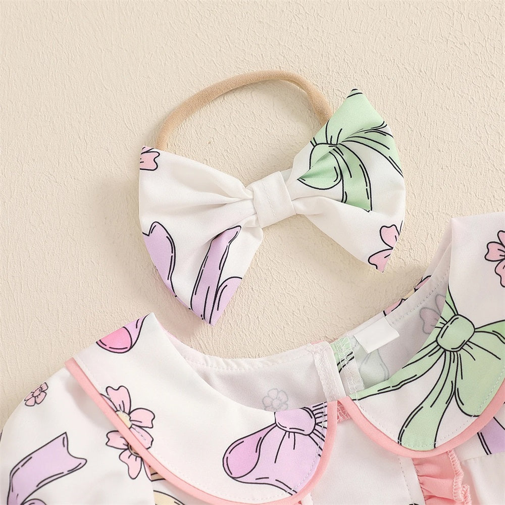 2PCS Cute Bow Printed Frill Trim Short Sleeve Baby Romper