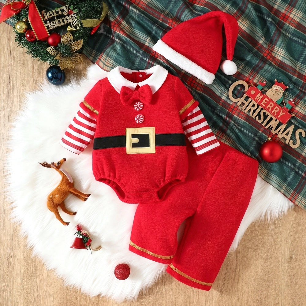 3PCS Christmas Stripe Print Long Sleeve Baby Fleece Set
