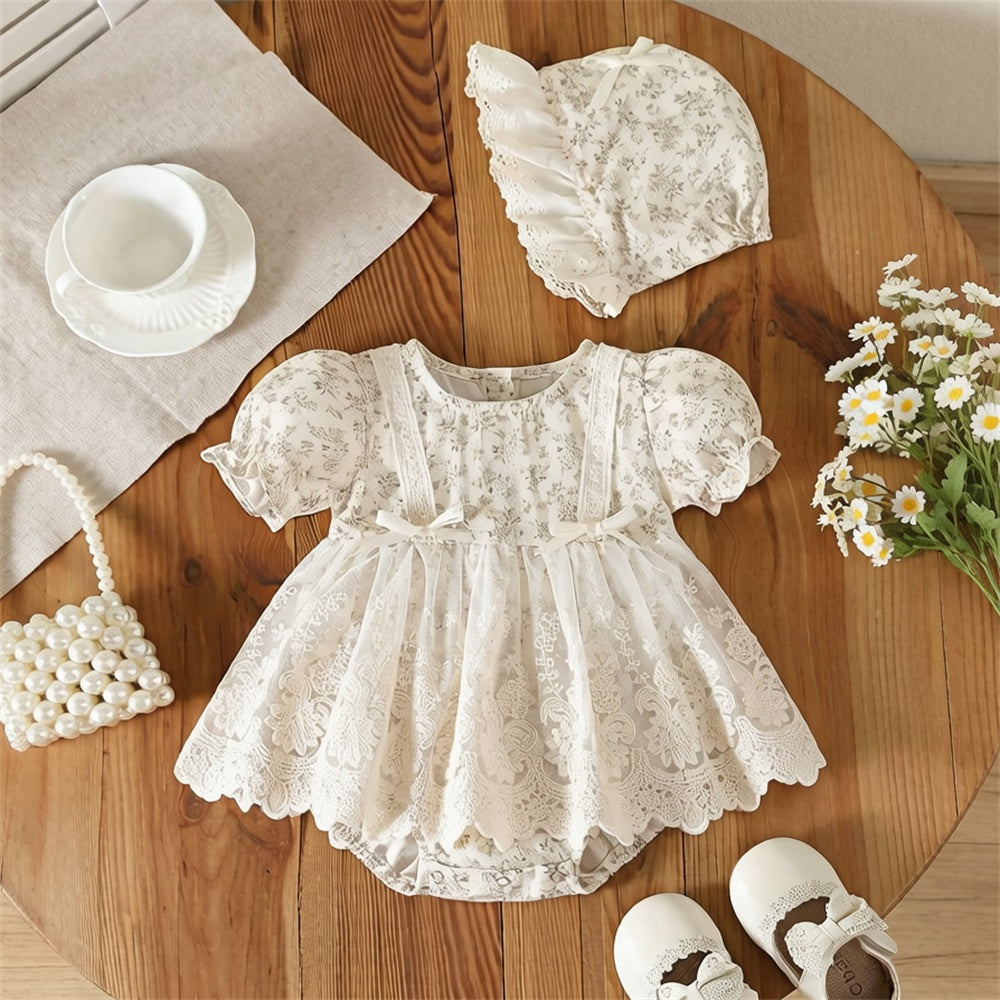 2PCS Elegant Floral Print Short Sleeve Lace Baby Romper