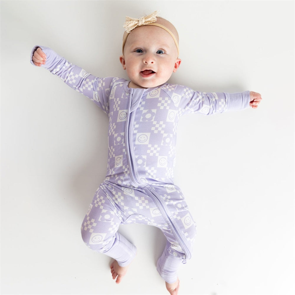 Casual Floral Plaid Print Long Sleeve Zipper Baby Jumpsuit