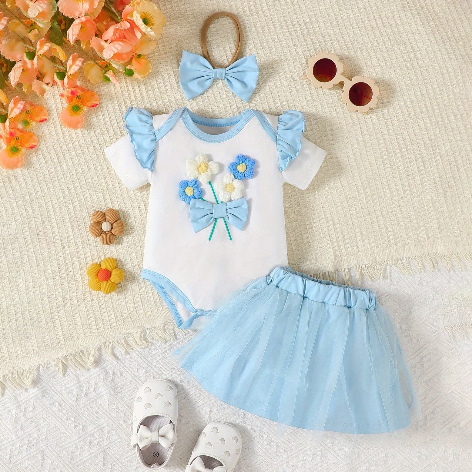 3PCS Cute 3D Floral Embroidery Bowknot Baby Skirt Set