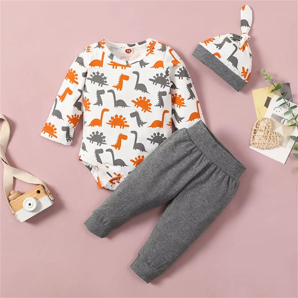 3PCS Casual Cartoon Dinosaur Print Long Sleeve Baby Set