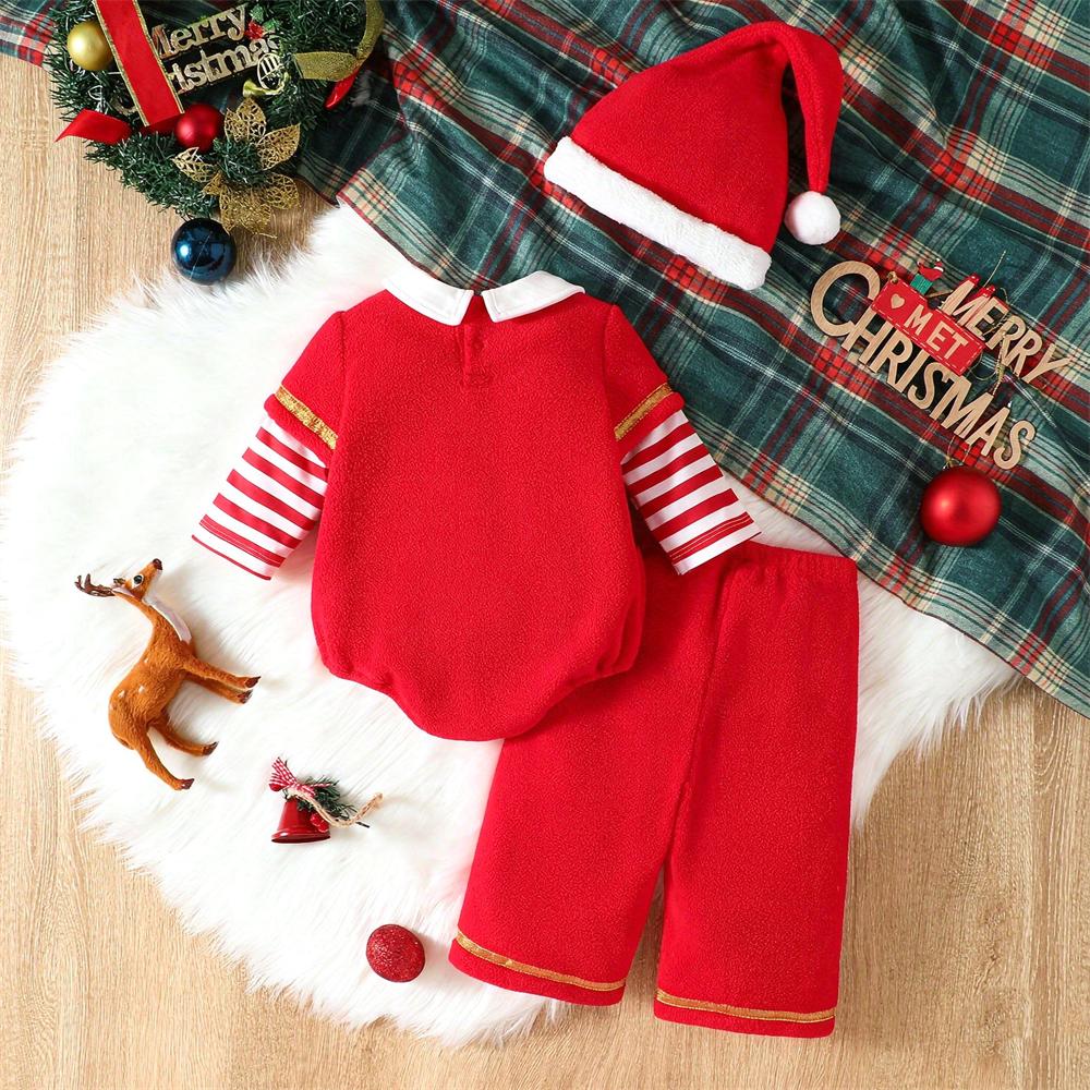 3PCS Christmas Stripe Print Long Sleeve Baby Fleece Set